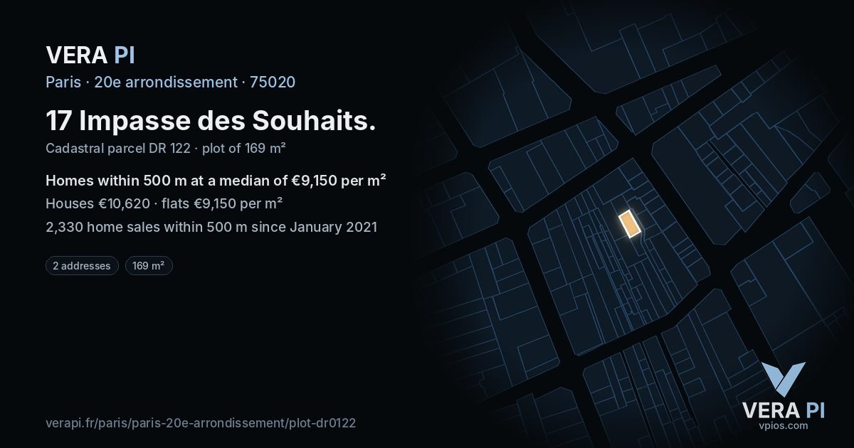 17 Impasse des Souhaits, 20e arrondissement at night – the plot lit, the parcels around coloured by the prices near them