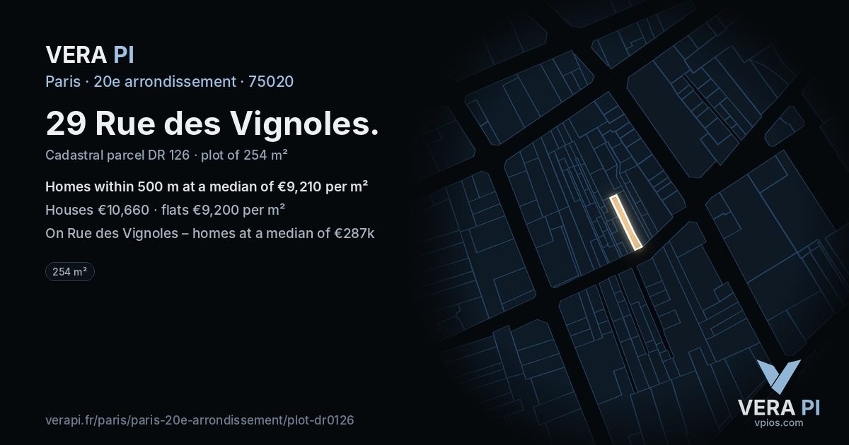 29 Rue des Vignoles, 20e arrondissement at night – the plot lit, the parcels around coloured by the prices near them