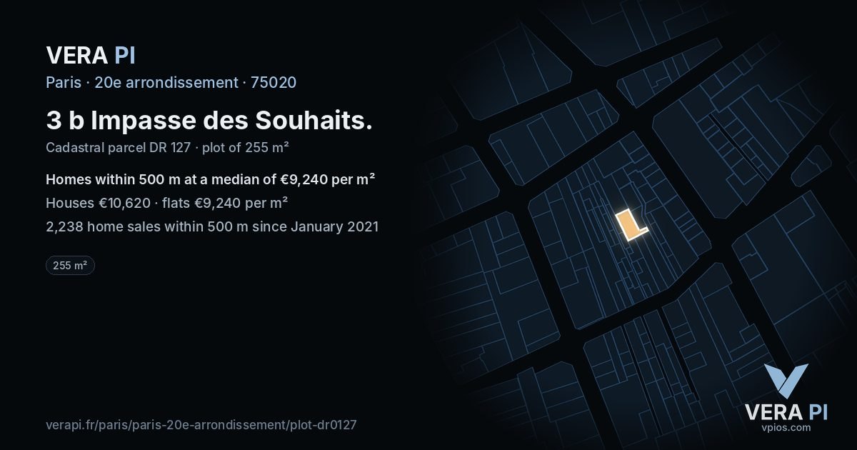 3 b Impasse des Souhaits, 20e arrondissement at night – the plot lit, the parcels around coloured by the prices near them