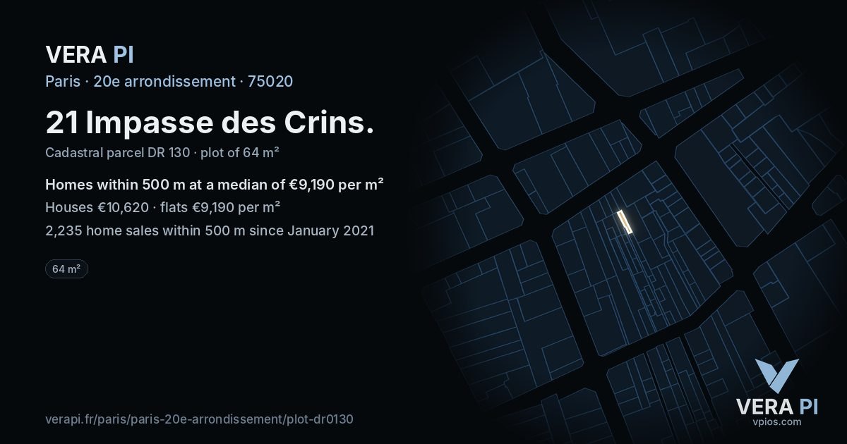 21 Impasse des Crins, 20e arrondissement at night – the plot lit, the parcels around coloured by the prices near them