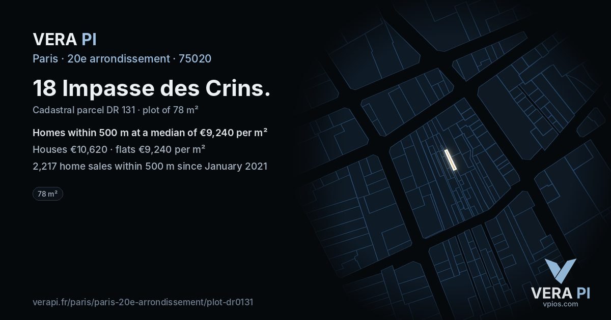 18 Impasse des Crins, 20e arrondissement at night – the plot lit, the parcels around coloured by the prices near them
