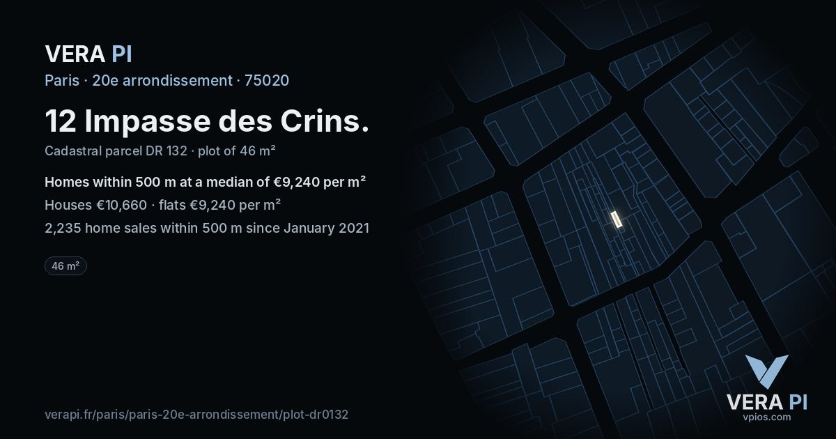 12 Impasse des Crins, 20e arrondissement at night – the plot lit, the parcels around coloured by the prices near them