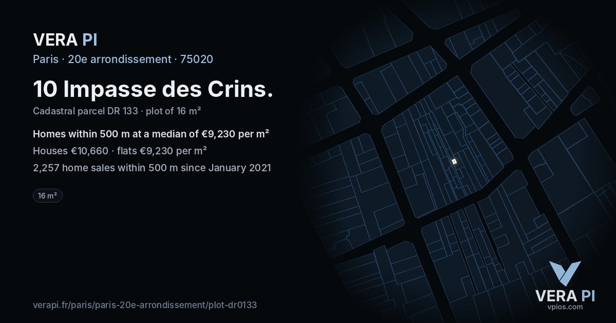 10 Impasse des Crins, 20e arrondissement at night – the plot lit, the parcels around coloured by the prices near them