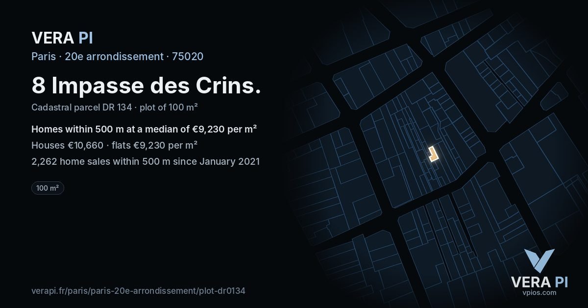8 Impasse des Crins, 20e arrondissement at night – the plot lit, the parcels around coloured by the prices near them