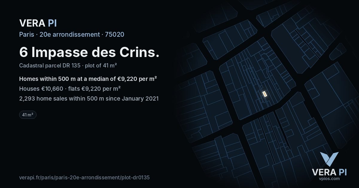 6 Impasse des Crins, 20e arrondissement at night – the plot lit, the parcels around coloured by the prices near them