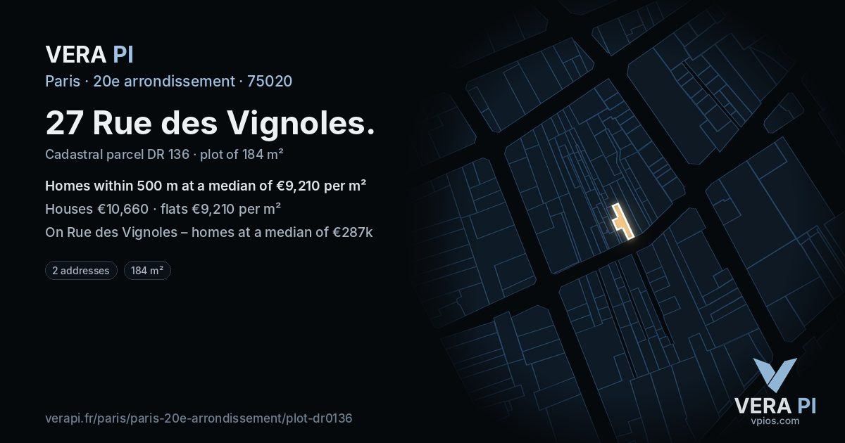 27 Rue des Vignoles, 20e arrondissement at night – the plot lit, the parcels around coloured by the prices near them