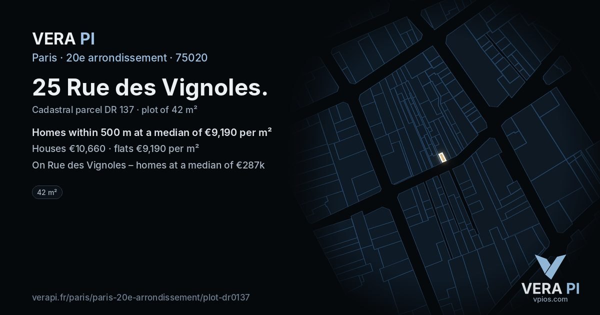 25 Rue des Vignoles, 20e arrondissement at night – the plot lit, the parcels around coloured by the prices near them
