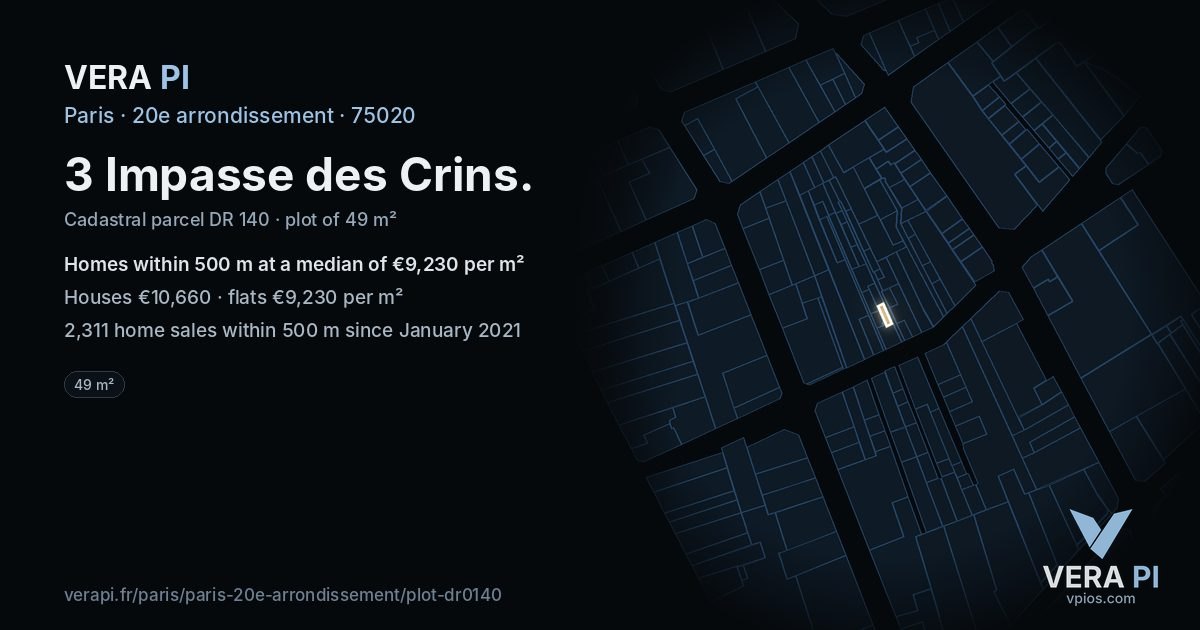 3 Impasse des Crins, 20e arrondissement at night – the plot lit, the parcels around coloured by the prices near them