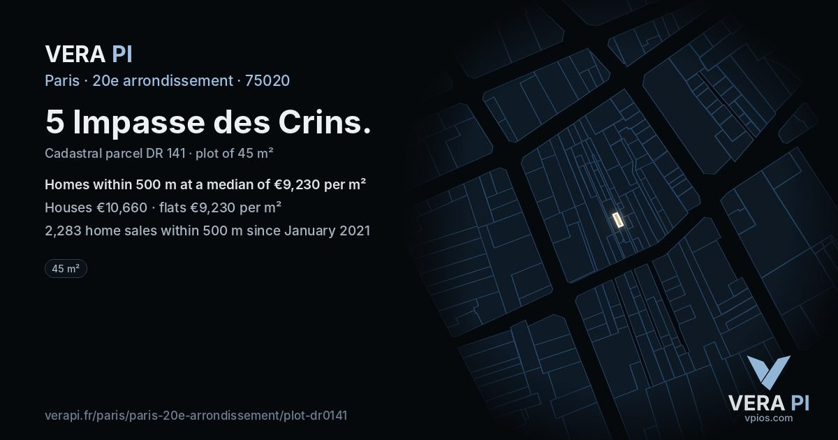 5 Impasse des Crins, 20e arrondissement at night – the plot lit, the parcels around coloured by the prices near them