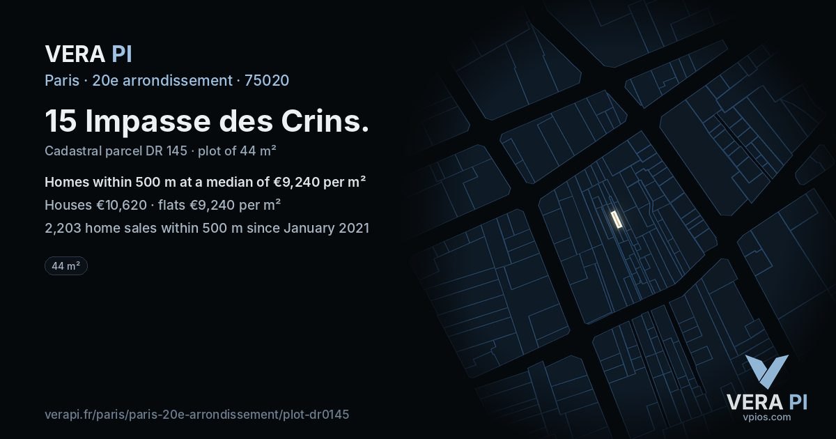 15 Impasse des Crins, 20e arrondissement at night – the plot lit, the parcels around coloured by the prices near them