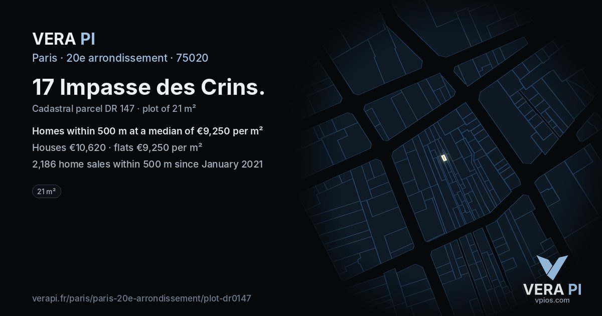 17 Impasse des Crins, 20e arrondissement at night – the plot lit, the parcels around coloured by the prices near them