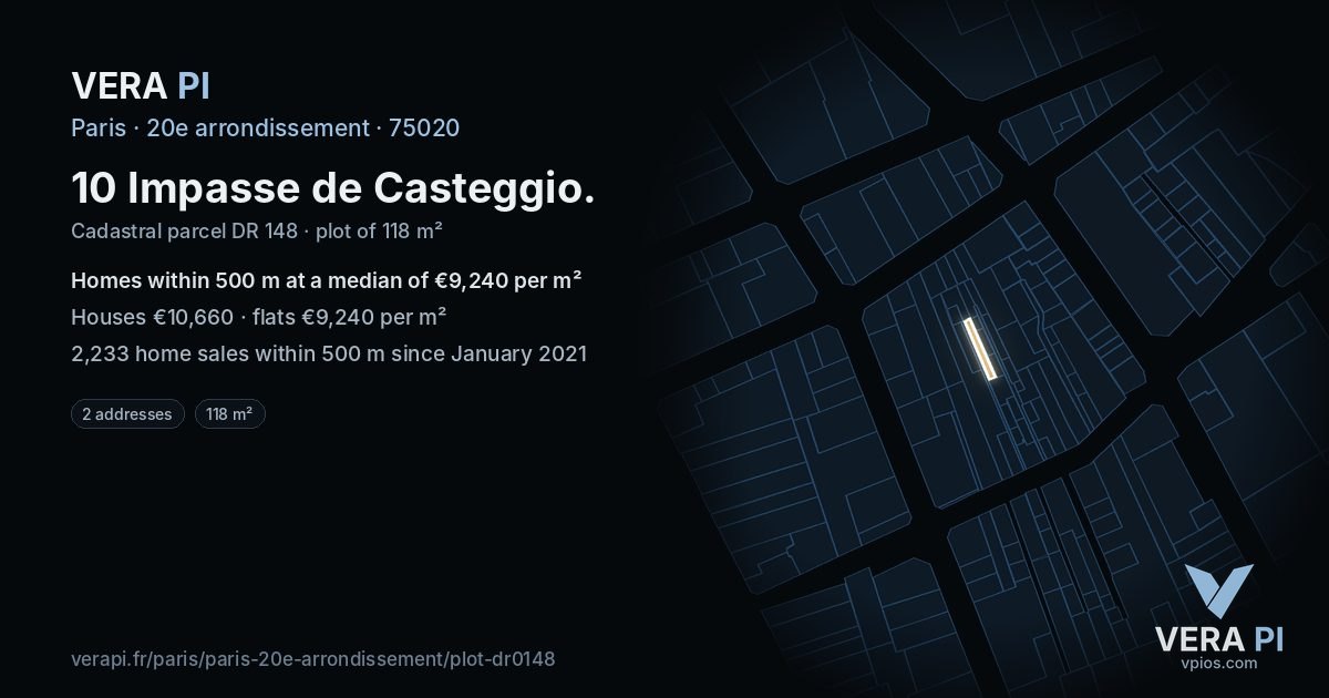 10 Impasse de Casteggio, 20e arrondissement at night – the plot lit, the parcels around coloured by the prices near them
