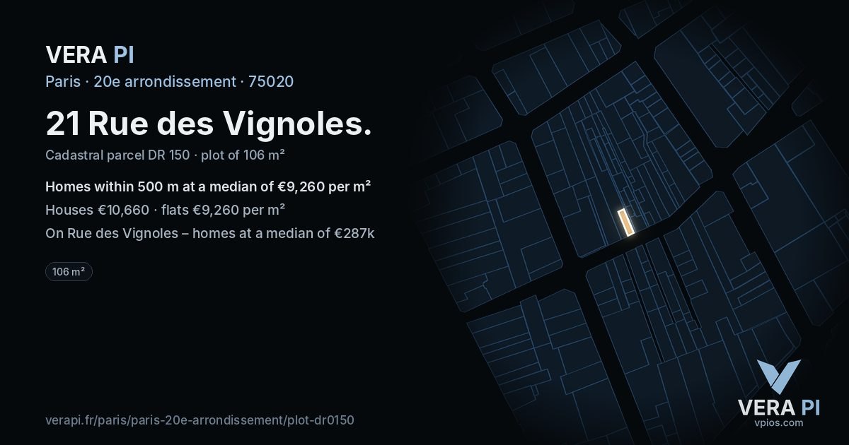 21 Rue des Vignoles, 20e arrondissement at night – the plot lit, the parcels around coloured by the prices near them