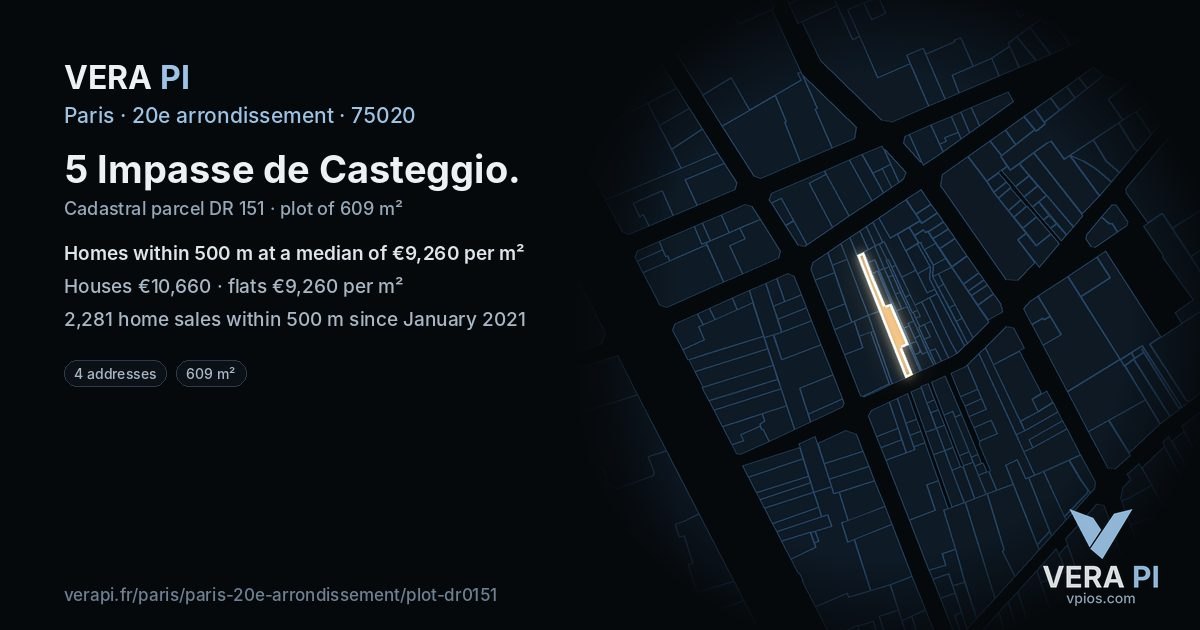 5 Impasse de Casteggio, 20e arrondissement at night – the plot lit, the parcels around coloured by the prices near them