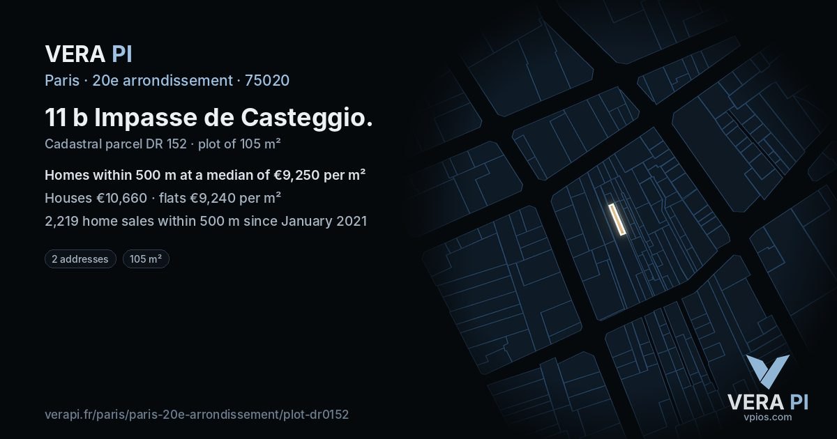 11 b Impasse de Casteggio, 20e arrondissement at night – the plot lit, the parcels around coloured by the prices near them