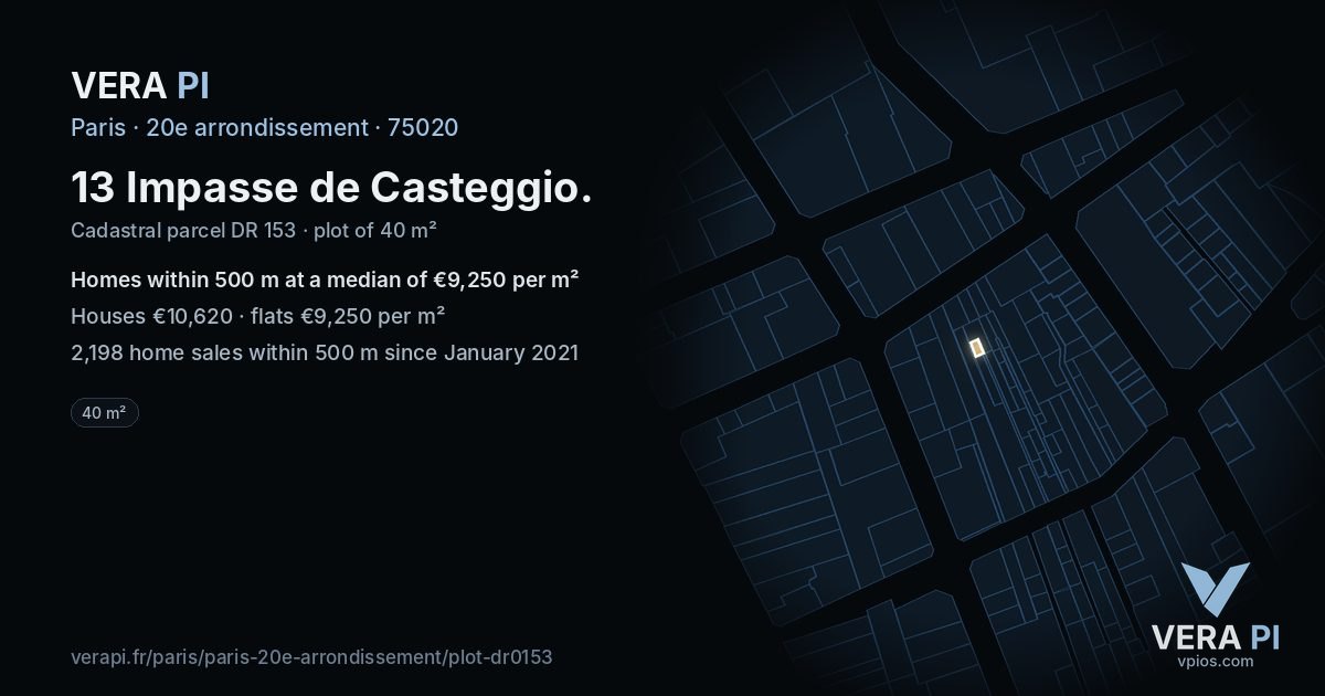 13 Impasse de Casteggio, 20e arrondissement at night – the plot lit, the parcels around coloured by the prices near them