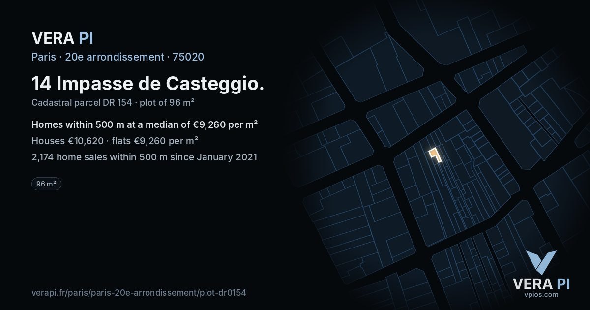 14 Impasse de Casteggio, 20e arrondissement at night – the plot lit, the parcels around coloured by the prices near them