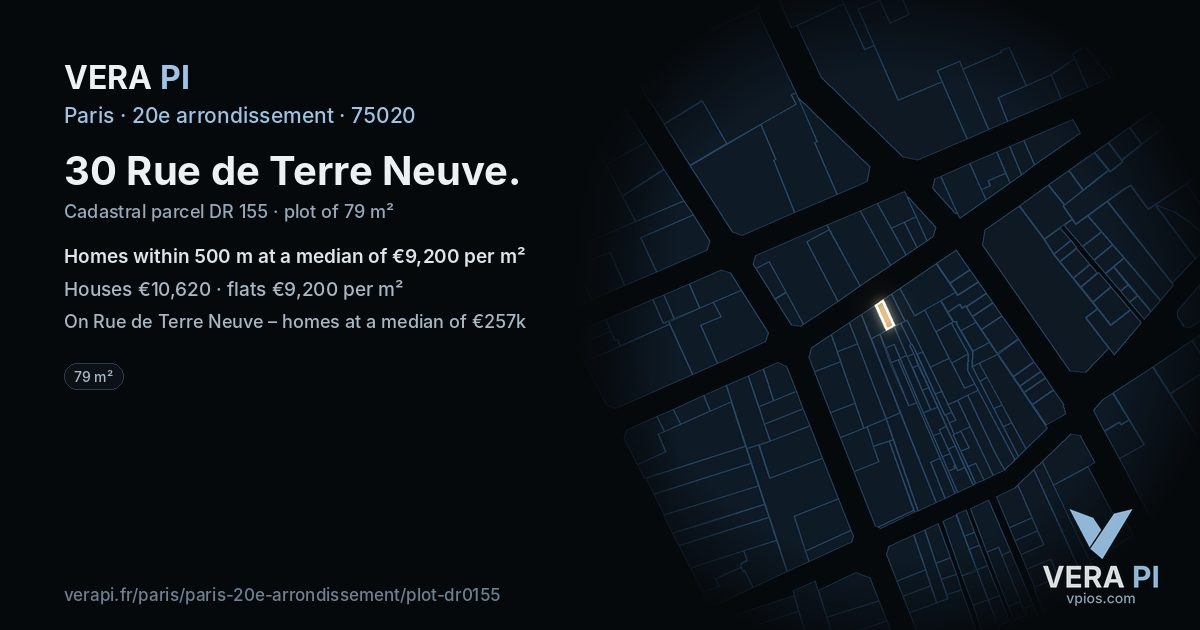30 Rue de Terre Neuve, 20e arrondissement at night – the plot lit, the parcels around coloured by the prices near them
