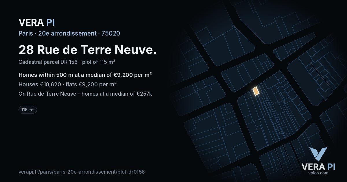 28 Rue de Terre Neuve, 20e arrondissement at night – the plot lit, the parcels around coloured by the prices near them