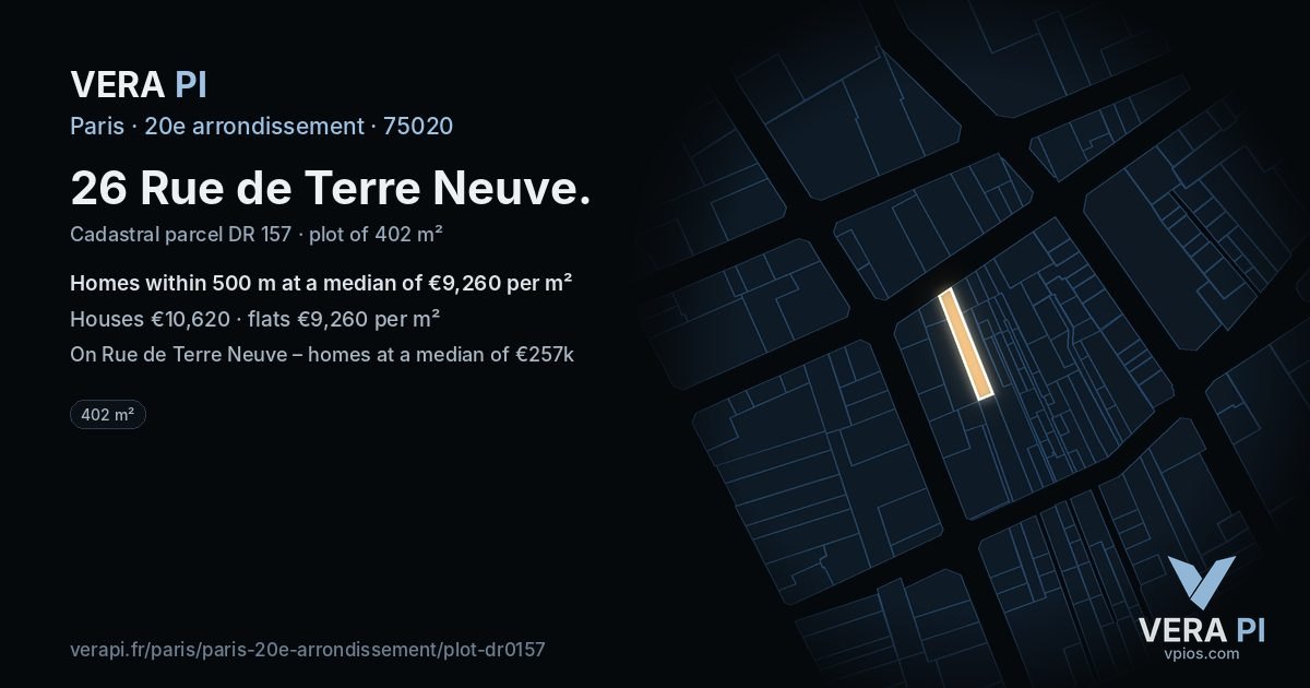 26 Rue de Terre Neuve, 20e arrondissement at night – the plot lit, the parcels around coloured by the prices near them