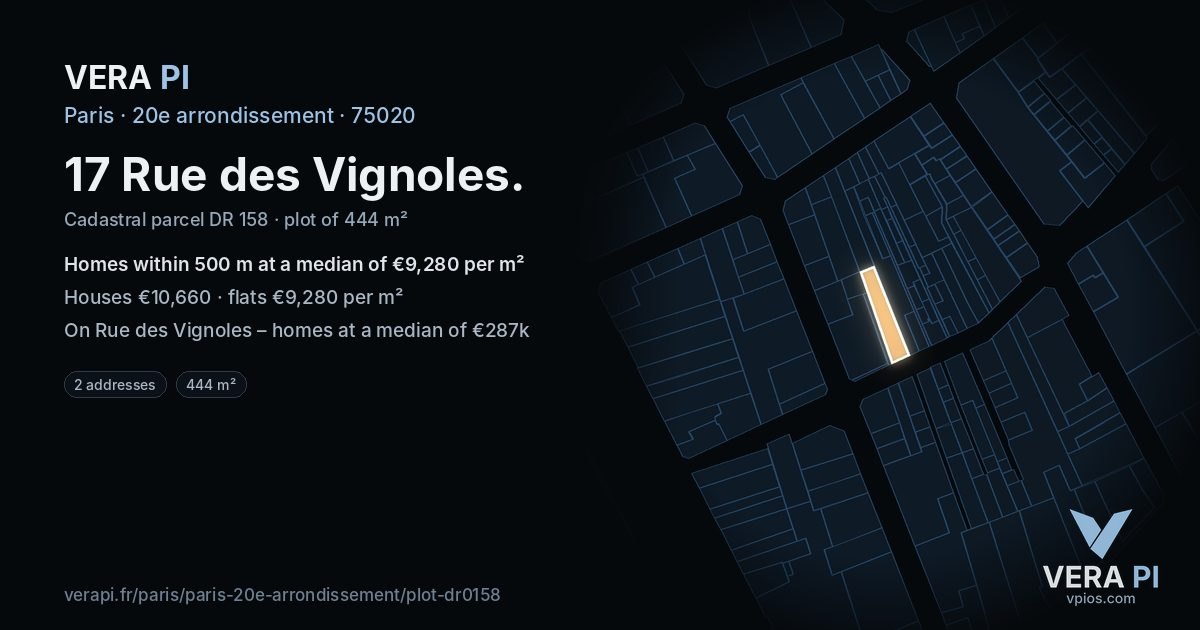 17 Rue des Vignoles, 20e arrondissement at night – the plot lit, the parcels around coloured by the prices near them