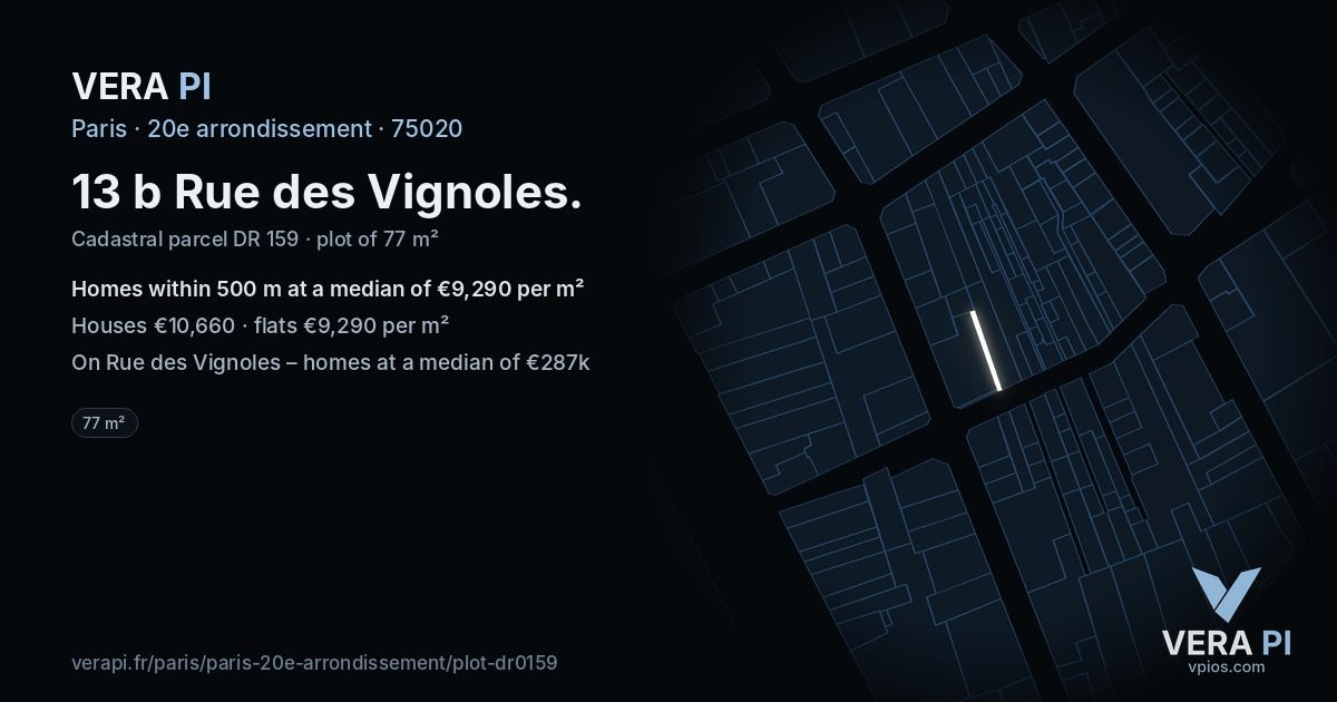 13 b Rue des Vignoles, 20e arrondissement at night – the plot lit, the parcels around coloured by the prices near them
