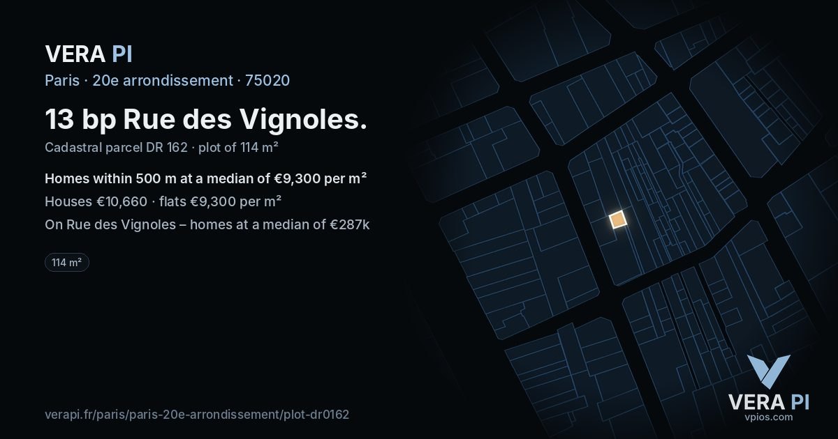 13 bp Rue des Vignoles, 20e arrondissement at night – the plot lit, the parcels around coloured by the prices near them