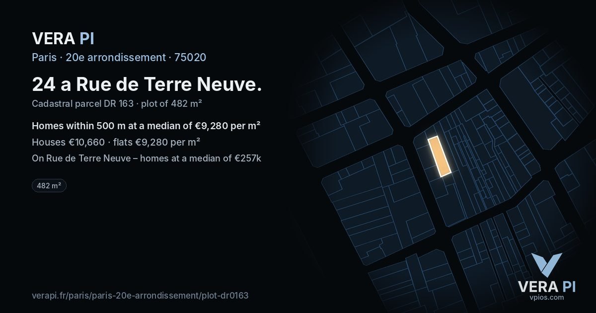 24 a Rue de Terre Neuve, 20e arrondissement at night – the plot lit, the parcels around coloured by the prices near them