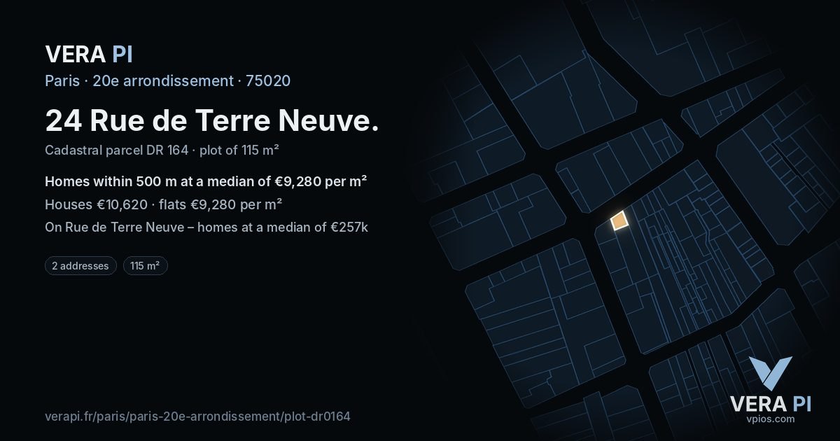 24 Rue de Terre Neuve, 20e arrondissement at night – the plot lit, the parcels around coloured by the prices near them