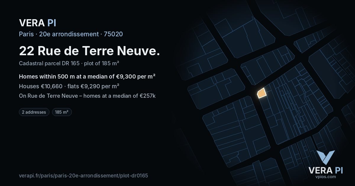22 Rue de Terre Neuve, 20e arrondissement at night – the plot lit, the parcels around coloured by the prices near them