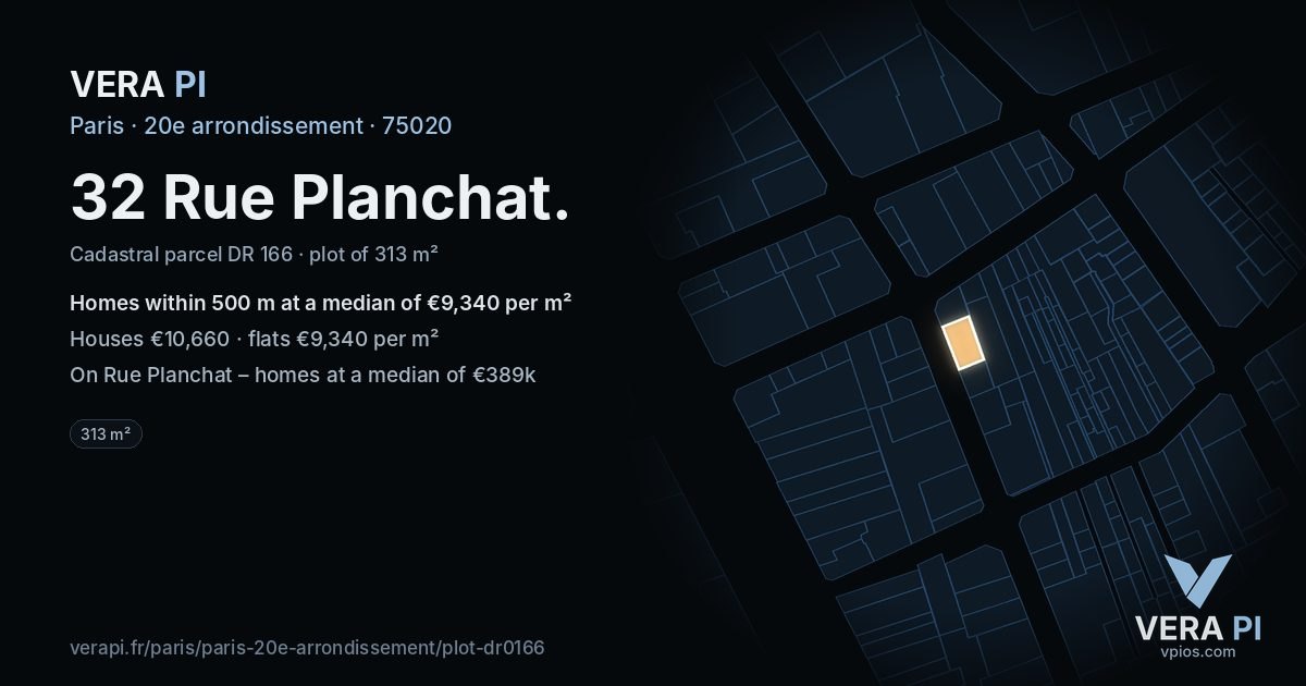 32 Rue Planchat, 20e arrondissement at night – the plot lit, the parcels around coloured by the prices near them