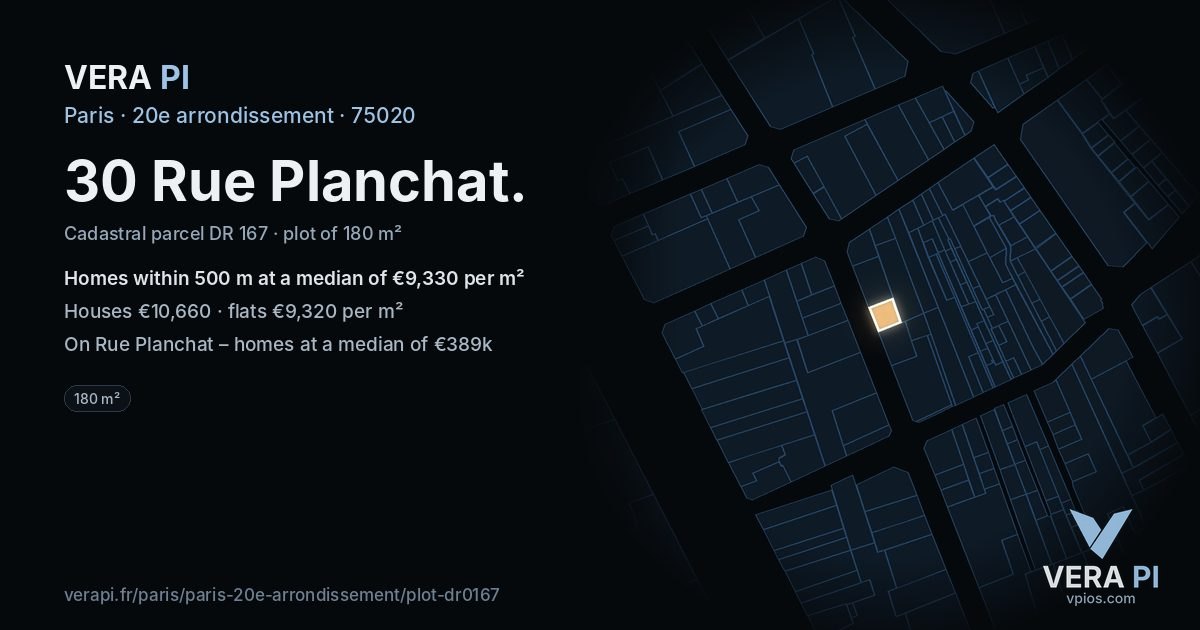 30 Rue Planchat, 20e arrondissement at night – the plot lit, the parcels around coloured by the prices near them