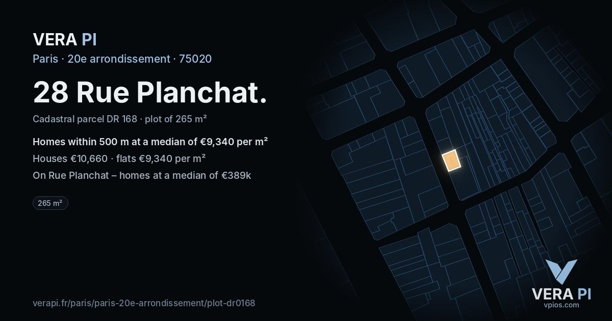 28 Rue Planchat, 20e arrondissement at night – the plot lit, the parcels around coloured by the prices near them