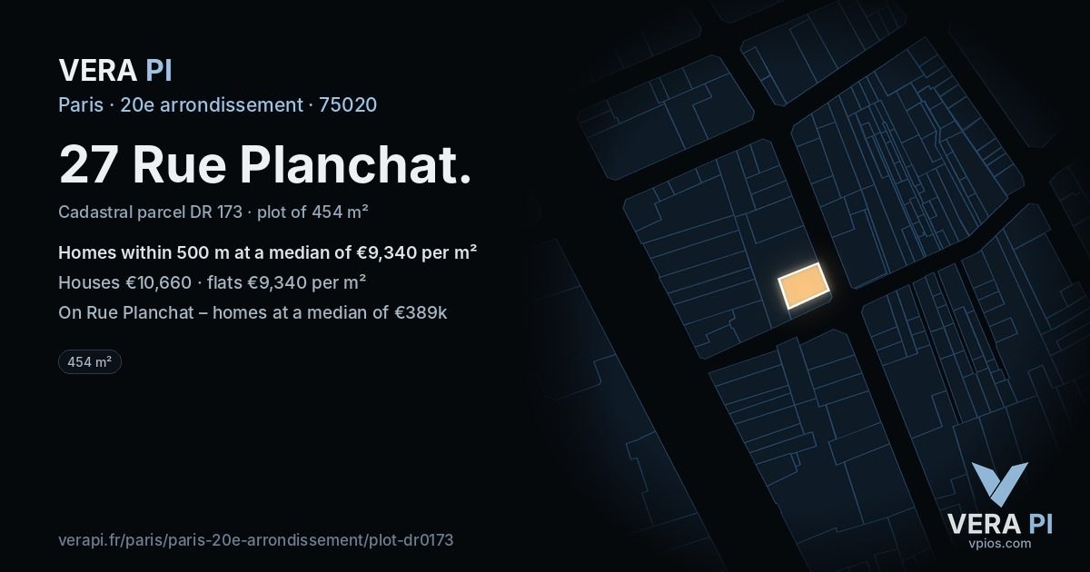27 Rue Planchat, 20e arrondissement at night – the plot lit, the parcels around coloured by the prices near them