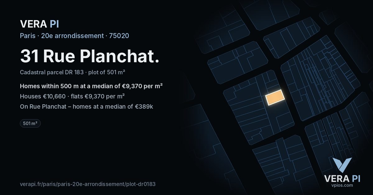 31 Rue Planchat, 20e arrondissement at night – the plot lit, the parcels around coloured by the prices near them
