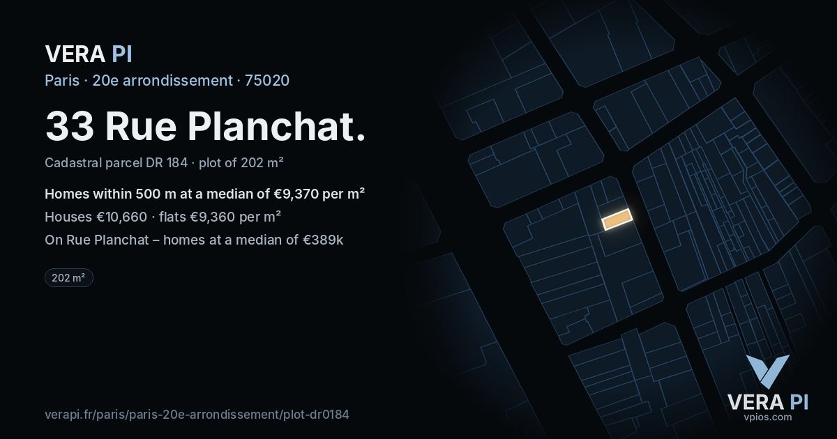 33 Rue Planchat, 20e arrondissement at night – the plot lit, the parcels around coloured by the prices near them