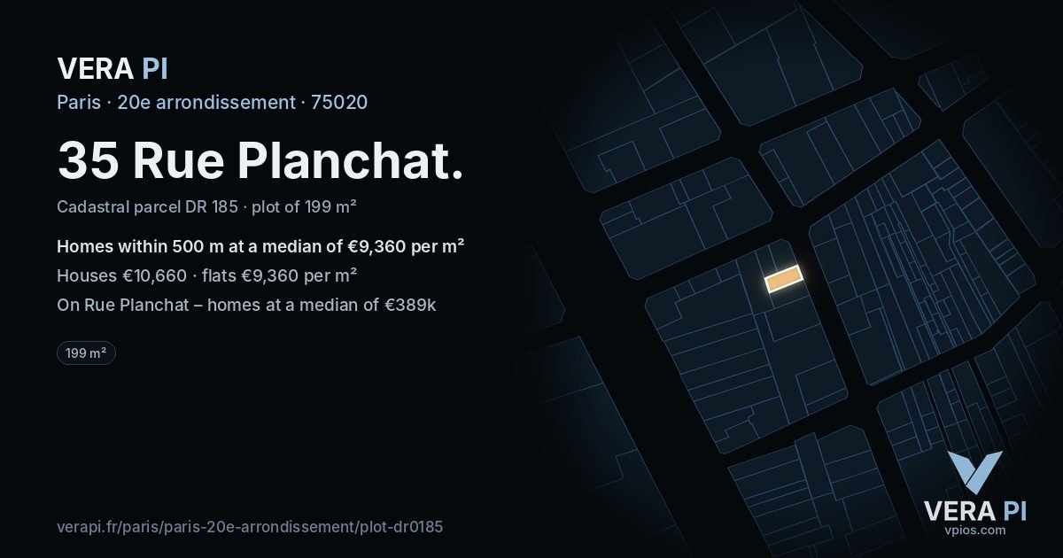 35 Rue Planchat, 20e arrondissement at night – the plot lit, the parcels around coloured by the prices near them