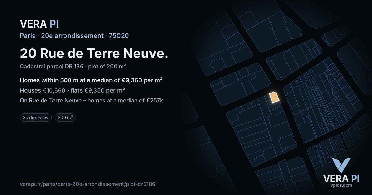 20 Rue de Terre Neuve, 20e arrondissement at night – the plot lit, the parcels around coloured by the prices near them