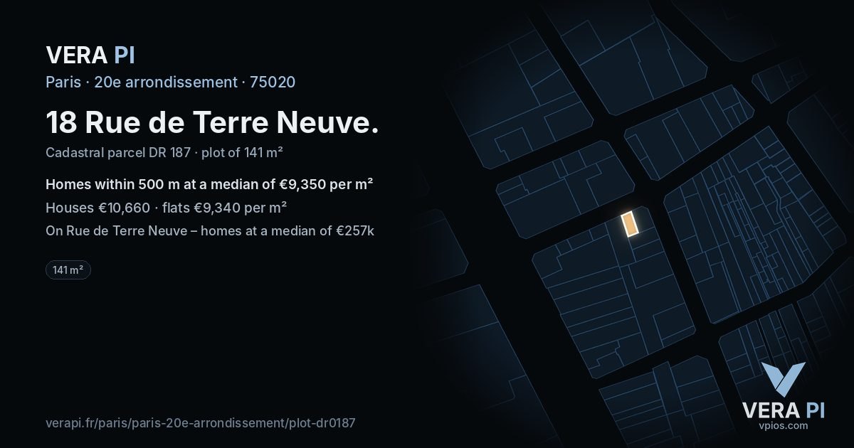 18 Rue de Terre Neuve, 20e arrondissement at night – the plot lit, the parcels around coloured by the prices near them