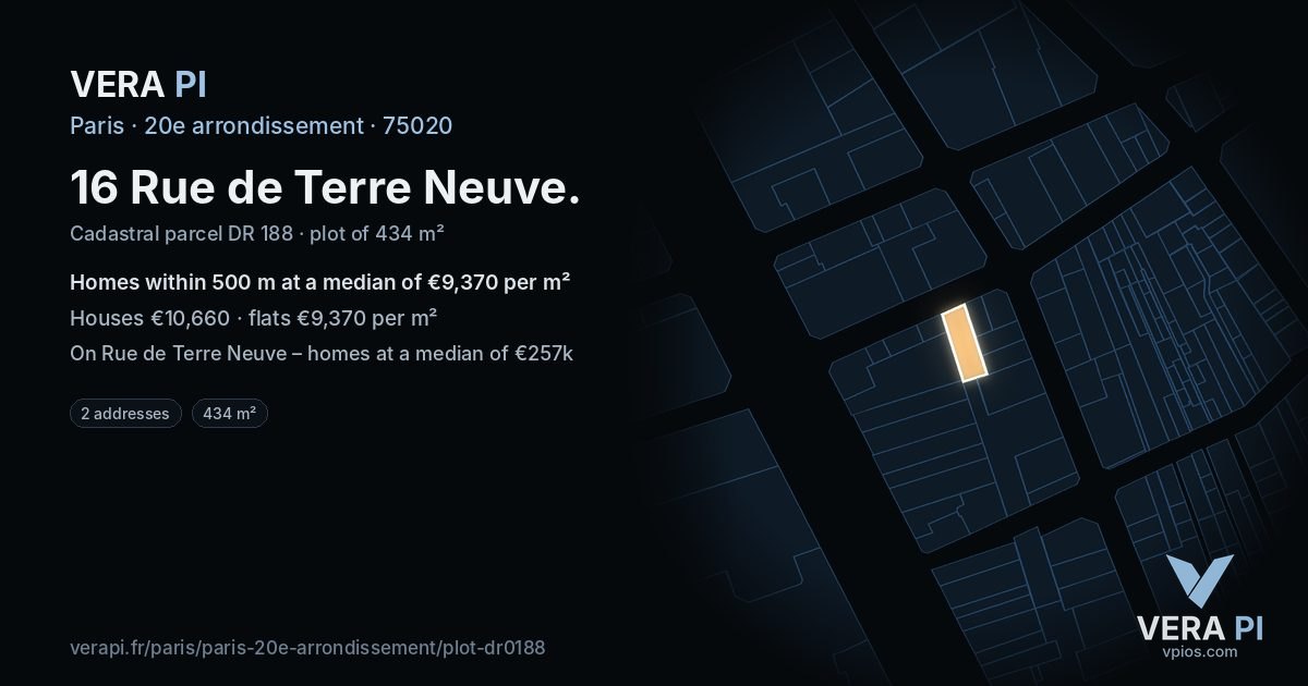 16 Rue de Terre Neuve, 20e arrondissement at night – the plot lit, the parcels around coloured by the prices near them