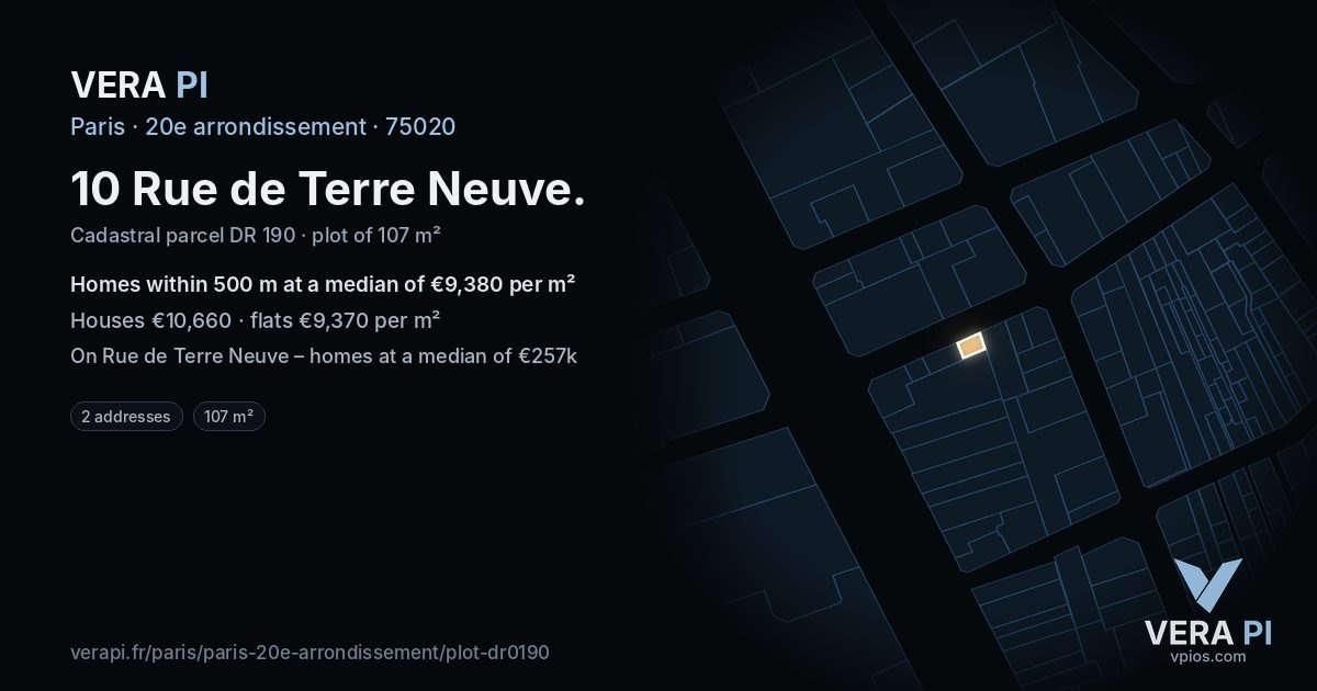 10 Rue de Terre Neuve, 20e arrondissement at night – the plot lit, the parcels around coloured by the prices near them
