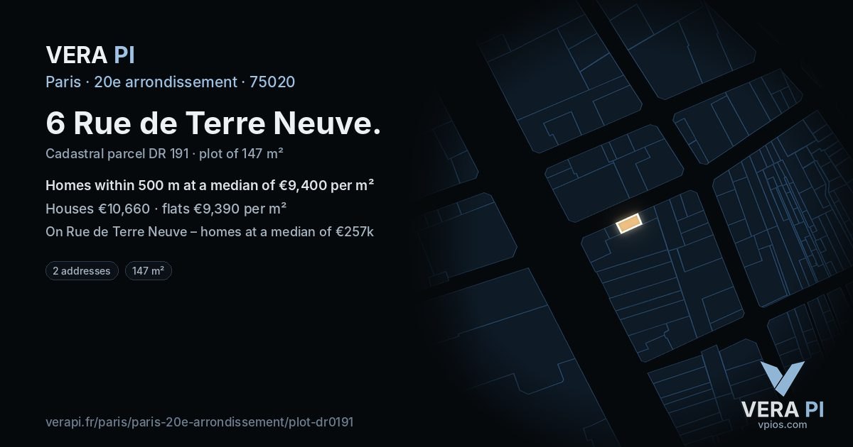 6 Rue de Terre Neuve, 20e arrondissement at night – the plot lit, the parcels around coloured by the prices near them