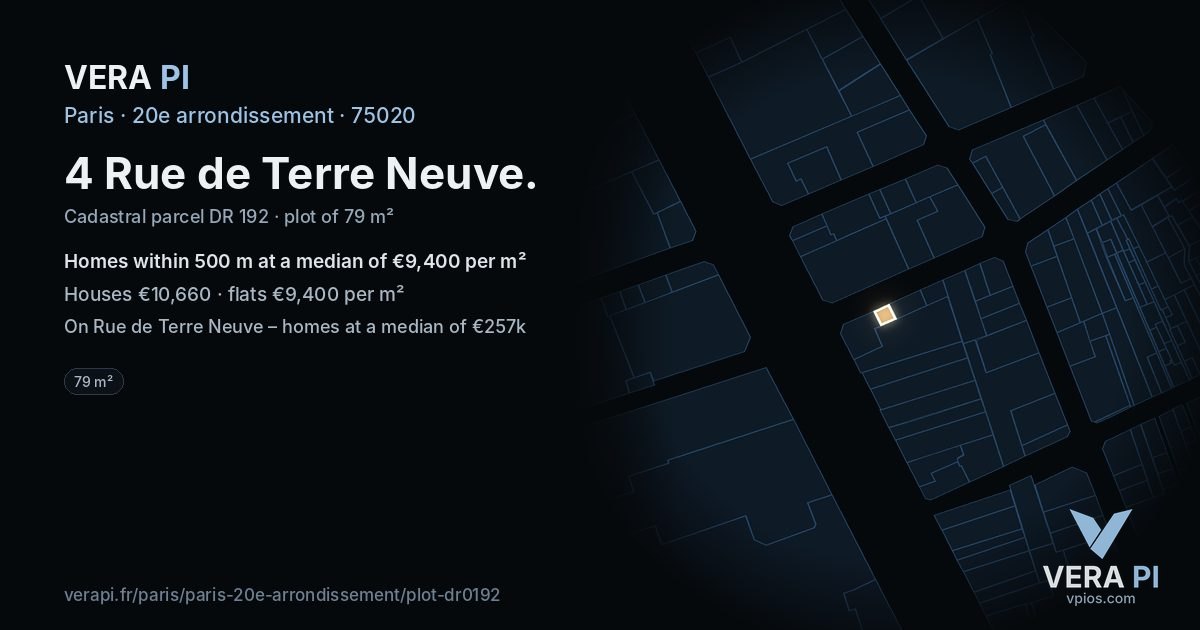 4 Rue de Terre Neuve, 20e arrondissement at night – the plot lit, the parcels around coloured by the prices near them