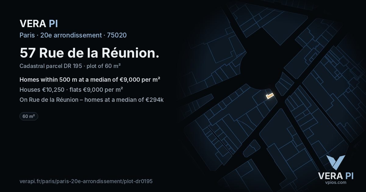 57 Rue de la Réunion, 20e arrondissement at night – the plot lit, the parcels around coloured by the prices near them