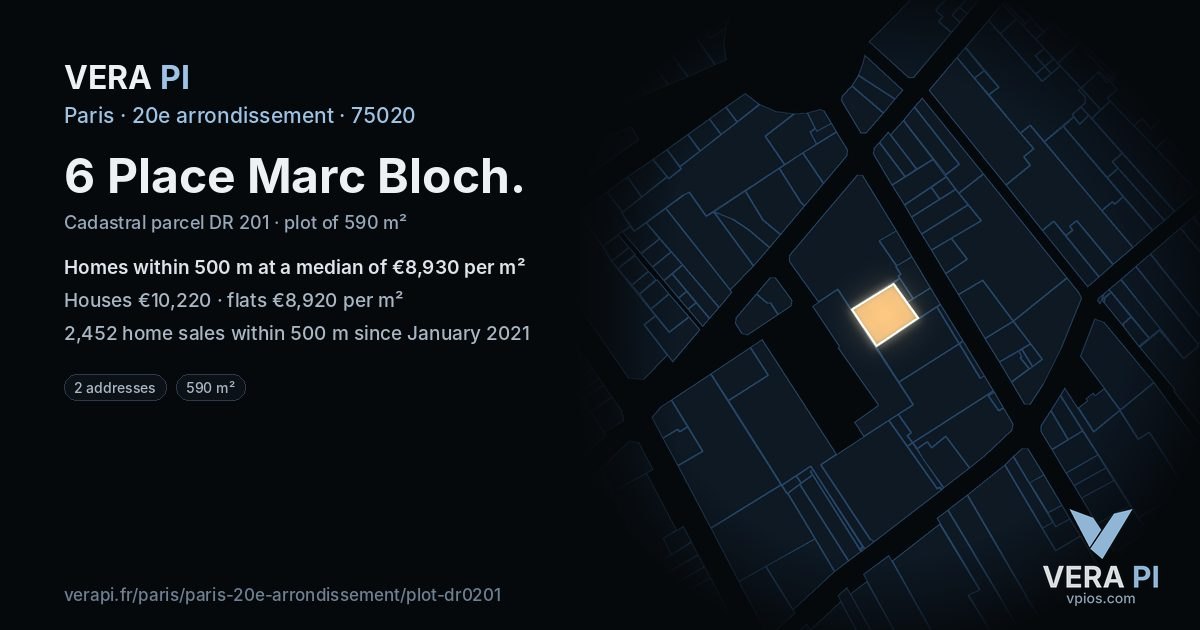 6 Place Marc Bloch, 20e arrondissement at night – the plot lit, the parcels around coloured by the prices near them