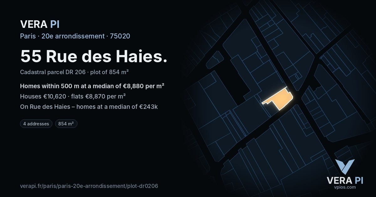 55 Rue des Haies, 20e arrondissement at night – the plot lit, the parcels around coloured by the prices near them