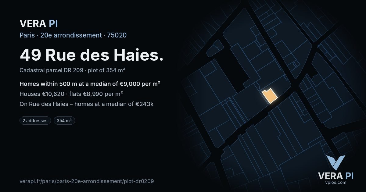 49 Rue des Haies, 20e arrondissement at night – the plot lit, the parcels around coloured by the prices near them