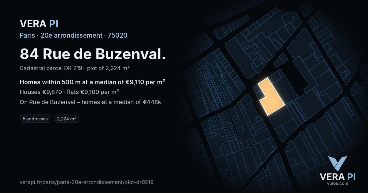 84 Rue de Buzenval, 20e arrondissement at night – the plot lit, the parcels around coloured by the prices near them