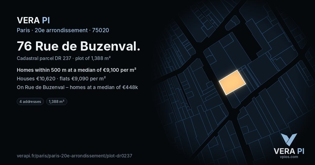 76 Rue de Buzenval, 20e arrondissement at night – the plot lit, the parcels around coloured by the prices near them