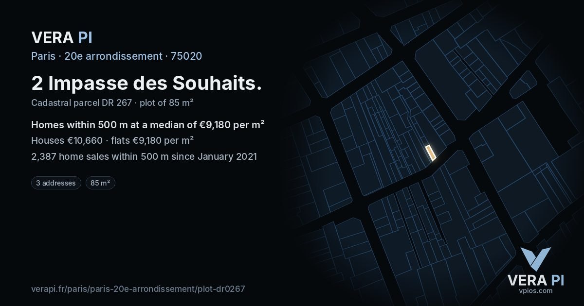 2 Impasse des Souhaits, 20e arrondissement at night – the plot lit, the parcels around coloured by the prices near them